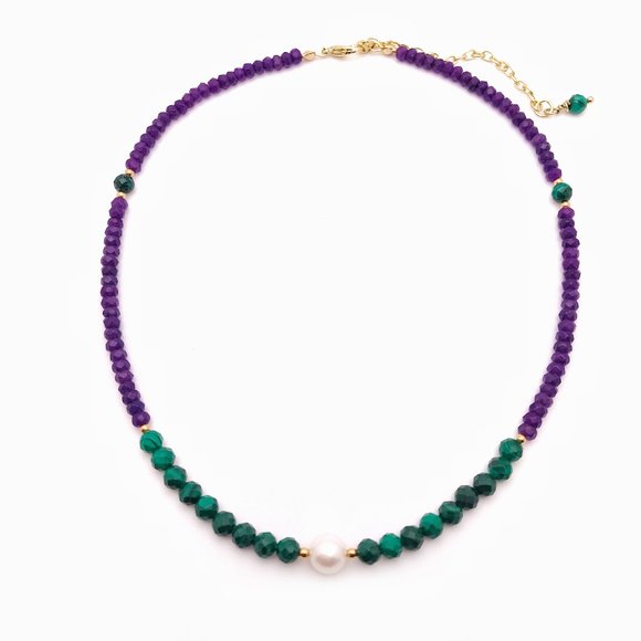 Malachite and Purple Jade Collar Necklace - Picture 2 of 4